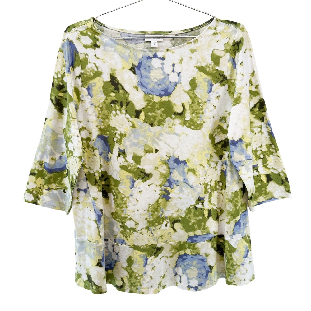 PURE JILL Abstract Floral Cotton/Modal Peplum Blouse • Medium • green blue boho